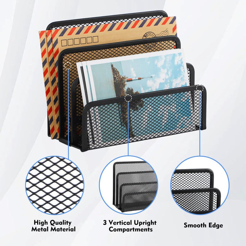 EASEPRES Desk Mail Organizer, Office Small Desktop Metal Mesh Envelope Letter Sorter Paper File Holder Organizer with 3 Vertical Upright Compartments, Black 2 Pack - Image 3